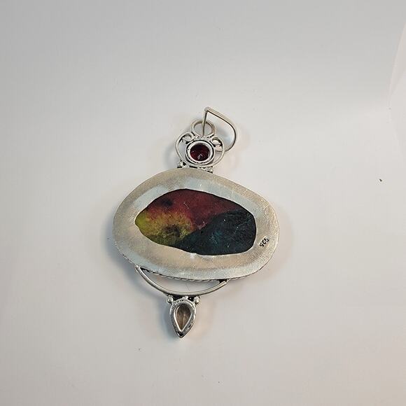 Handmade Sterling Silver Pendant with Rainbow Fluorite Garnet and Smoky Quartz - Picture 3 of 10